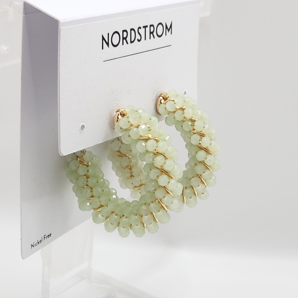 Nordstrom Mint Green Beaded Hoop Earrings Gold Tone Boho Spring Summer